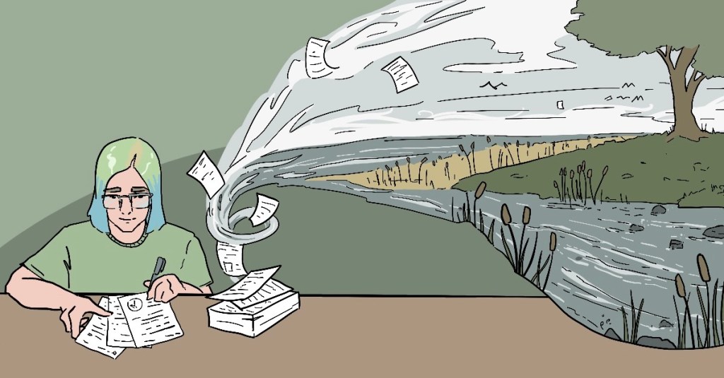 Illustration. Person writing with a misty island scene rising from the pages.
