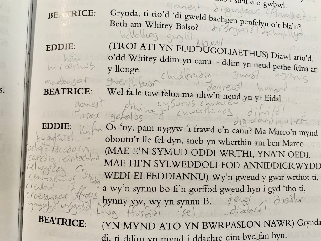 A page of the script from A View from the Bridge by Arthur Miller, with adjectives and emotion words written in pencil between the lines.